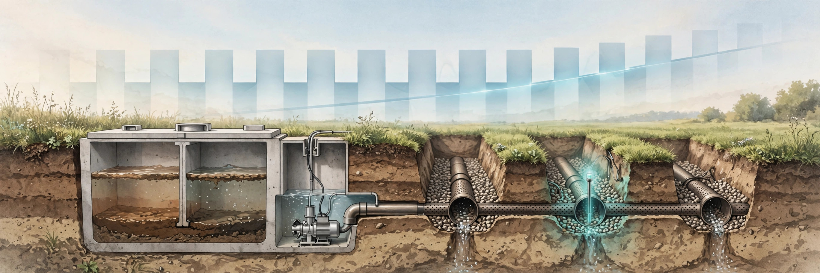 Cutaway illustration of a residential septic tank and pump chamber feeding buried drain field trenches, with a glowing soil sensor probe in the trench gravel and a pump current waveform overlay