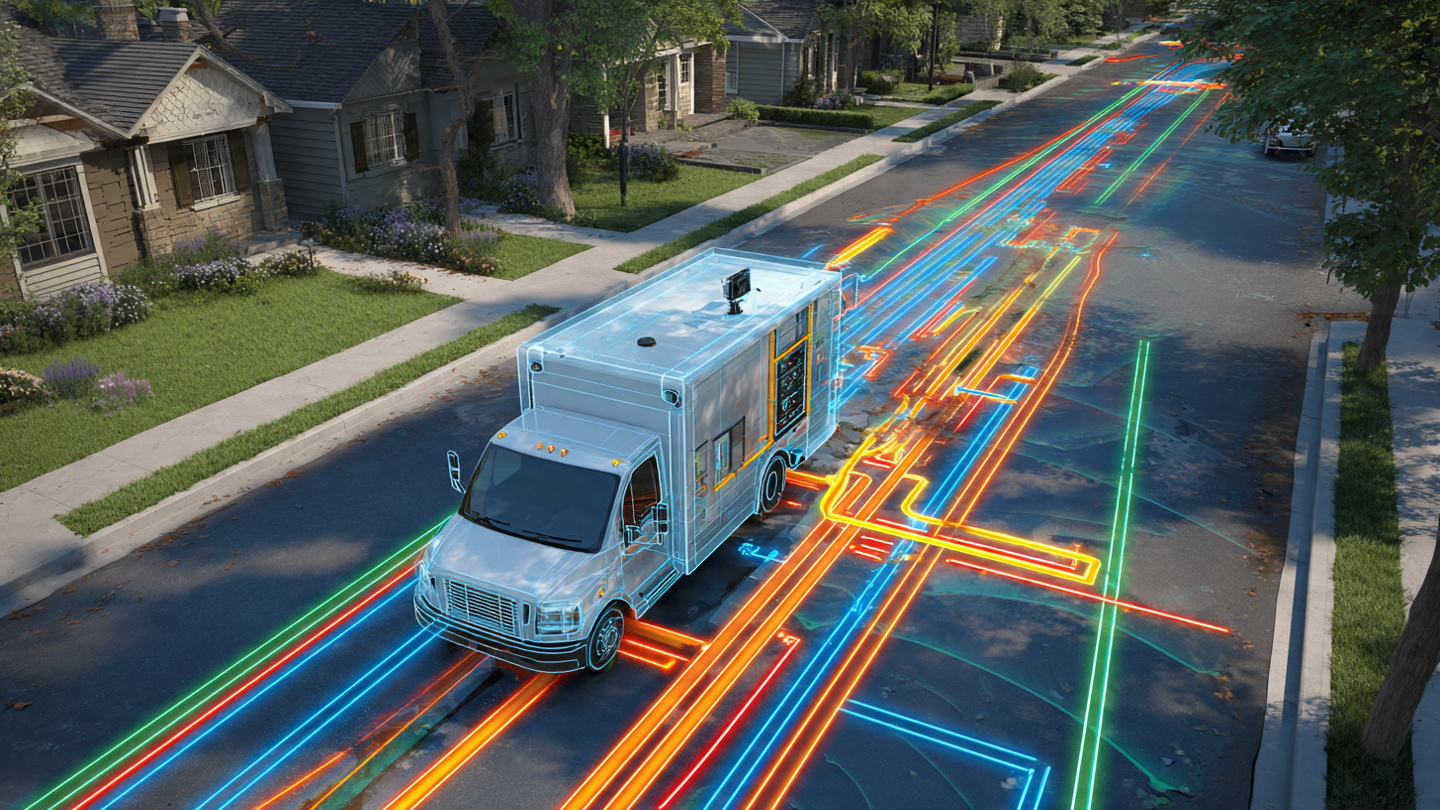 Utility vehicle with sensor arrays scanning buried water pipes underground, showing color-coded pipe materials detected by electromagnetic induction