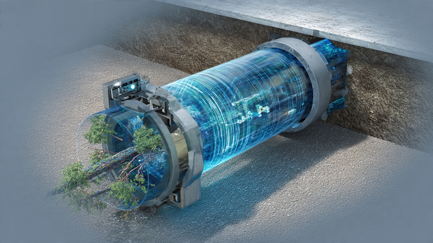 Cross-section of residential sewer pipe with acoustic sensor and tree root intrusion visualization