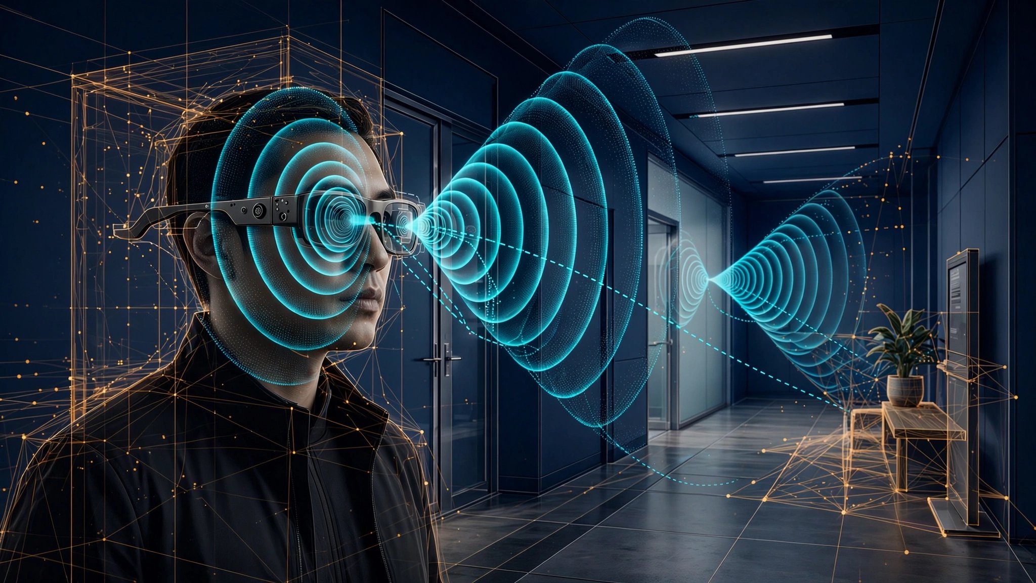 Smart glasses emitting acoustic waves in an indoor environment with wireframe 3D room geometry reconstruction overlay