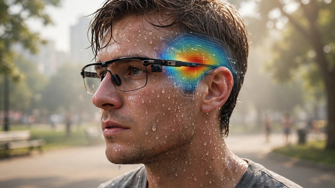 Person wearing smart glasses in extreme heat with temple thermal flux visualization and periocular perfusion sensing overlay