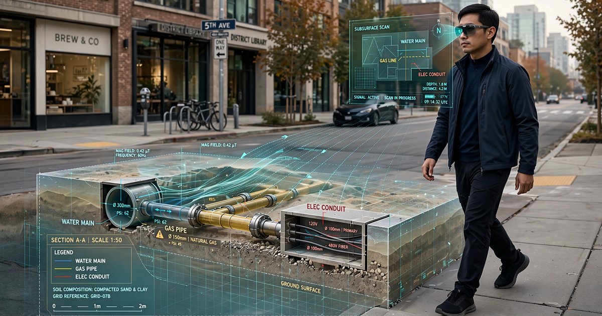 Person wearing smart glasses walking on a city sidewalk with translucent cross-section showing buried utility pipes and magnetic field anomaly visualization