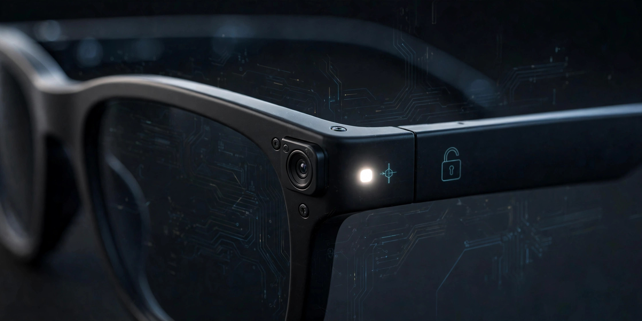 Close-up of smart glasses with the white recording-indicator LED glowing beside the camera module, overlaid with circuit and security motifs