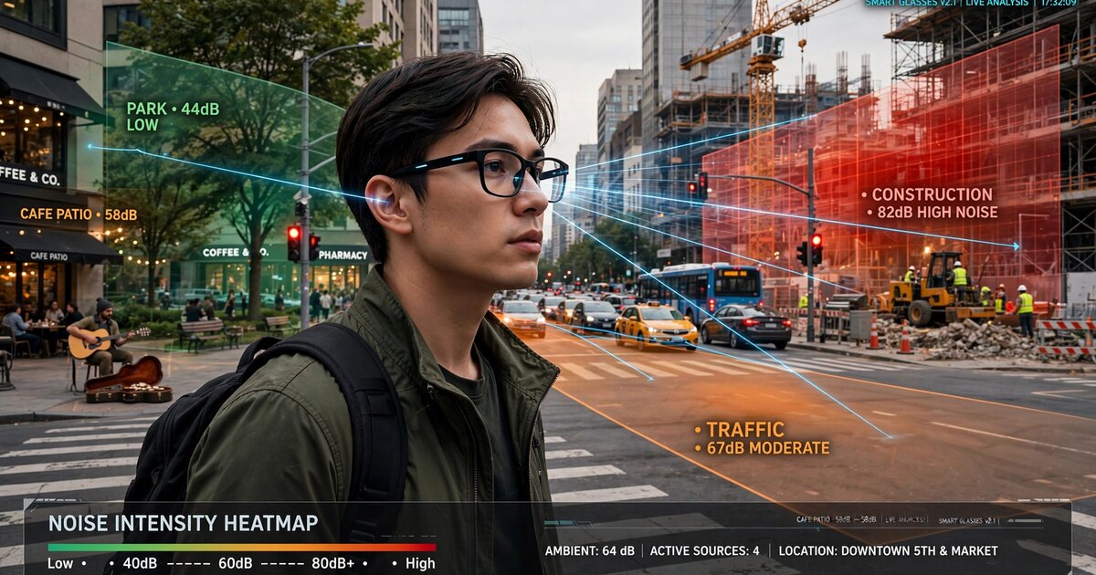 Smart glasses wearer on an urban street with overlaid noise heatmap showing source-attributed sound levels from traffic, construction, and pedestrian areas