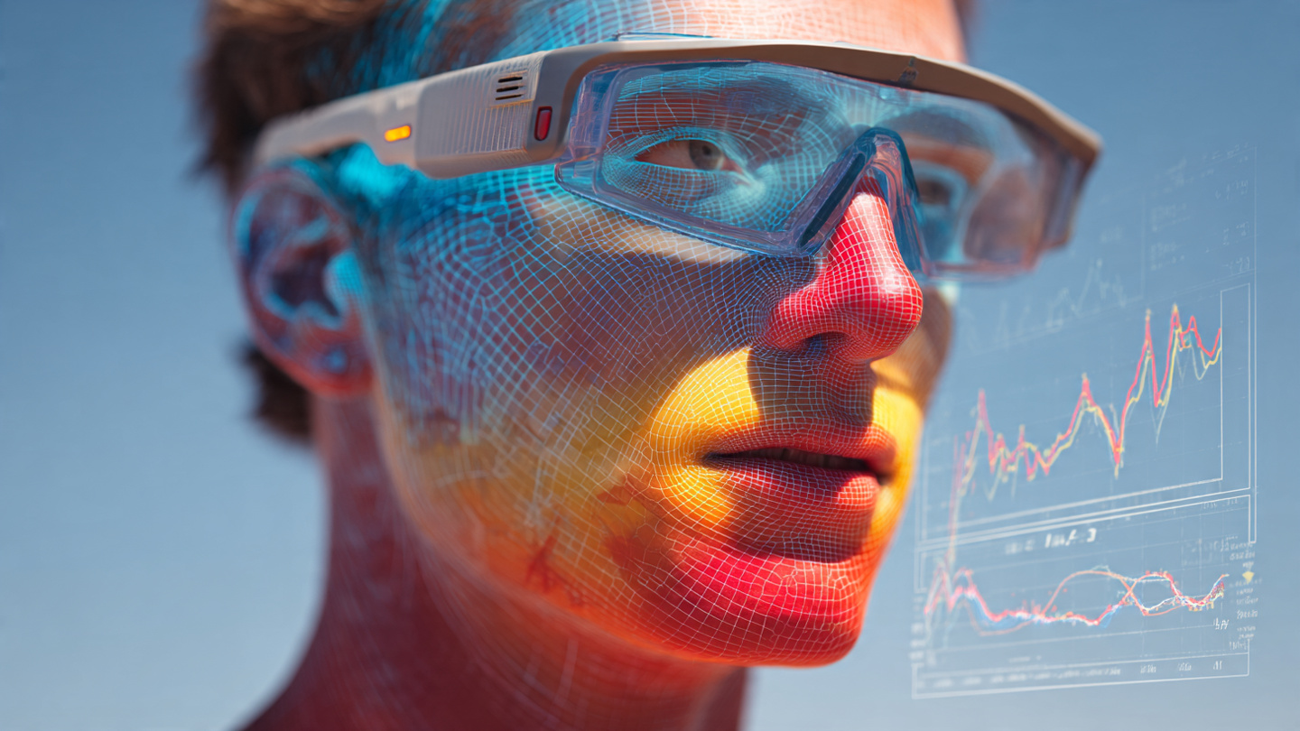 Person wearing smart glasses outdoors with a translucent heat-map overlay showing UV exposure zones across different facial regions from blue to red intensity, with data visualization of cumulative dose curves