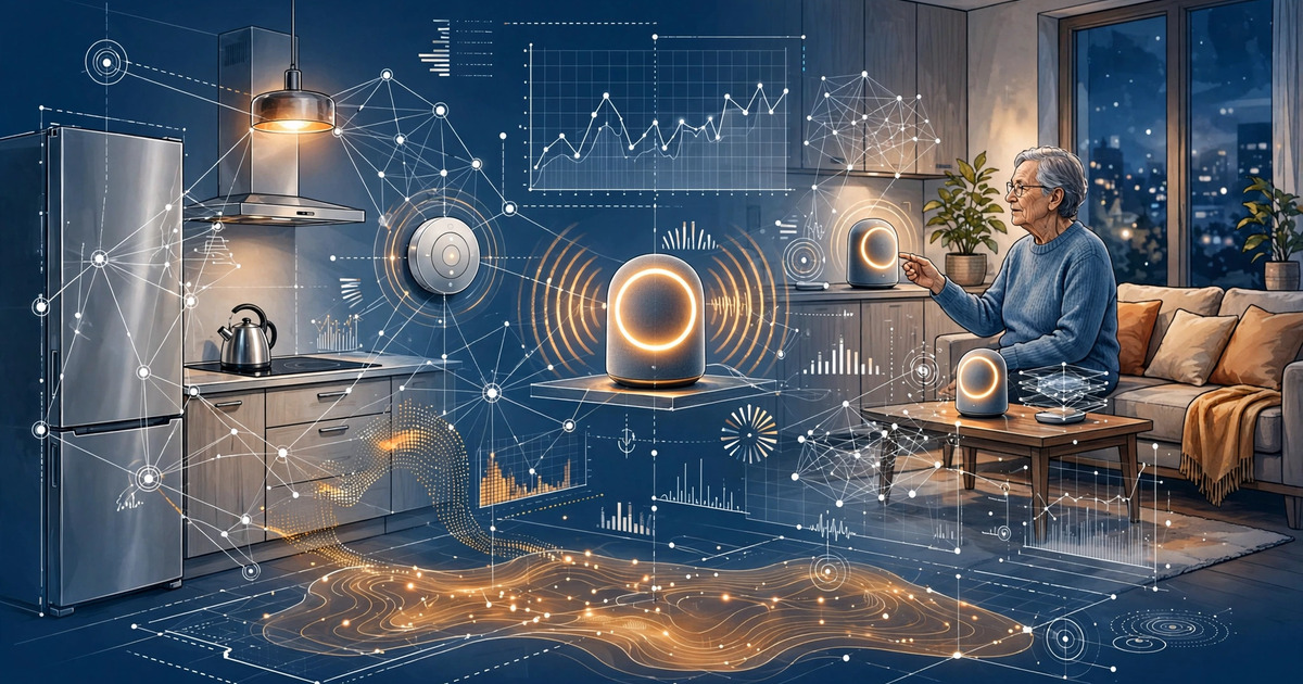Conceptual diagram of a smart home with overlaid interaction pattern data streams from various connected devices