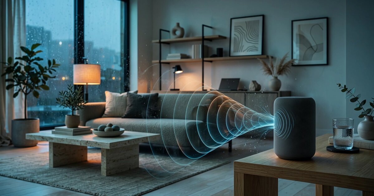 Smart speaker with acoustic wave visualization showing frequency-dependent absorption in humid air