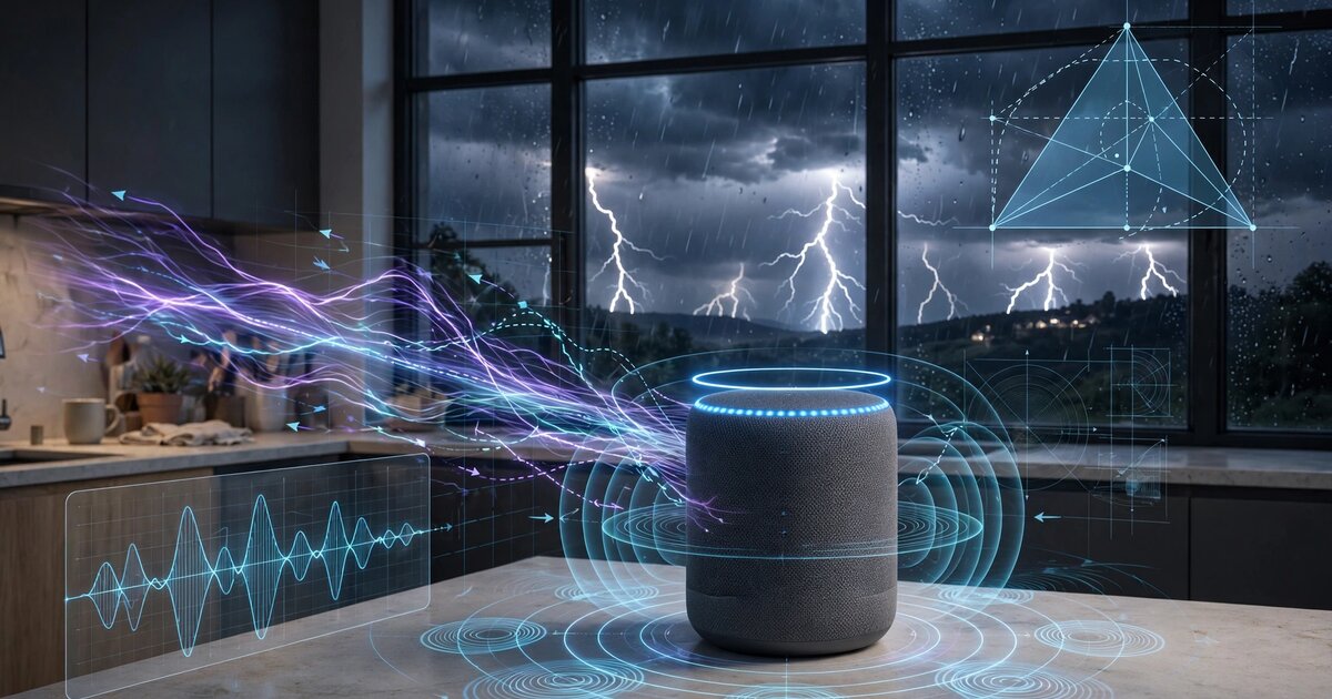 Smart speaker analyzing electromagnetic and acoustic signals from lightning during a thunderstorm