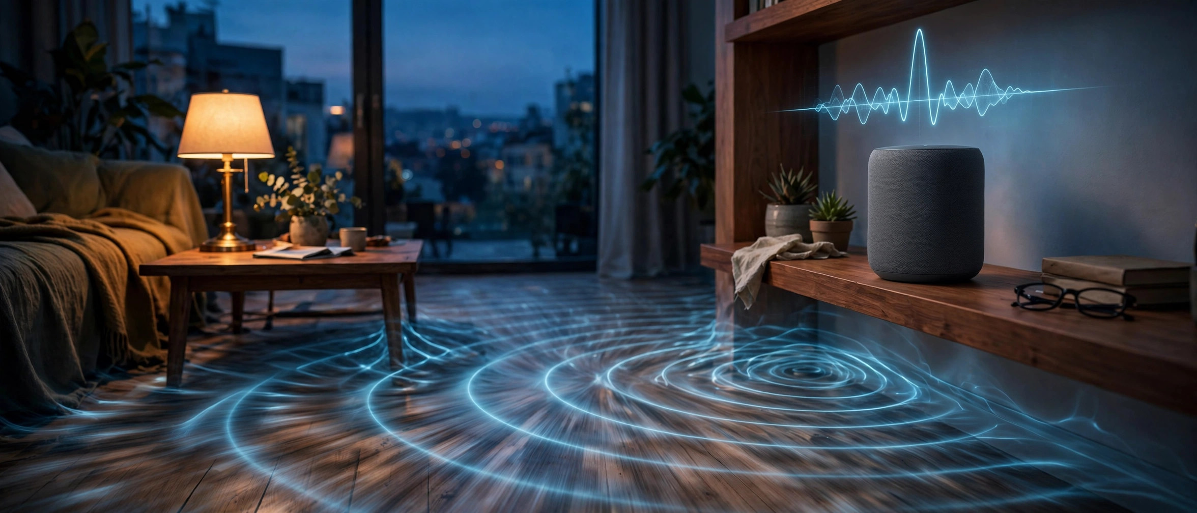 Smart speaker on a living room shelf with concentric seismic wave rings radiating outward and a glowing P-wave arrival trace