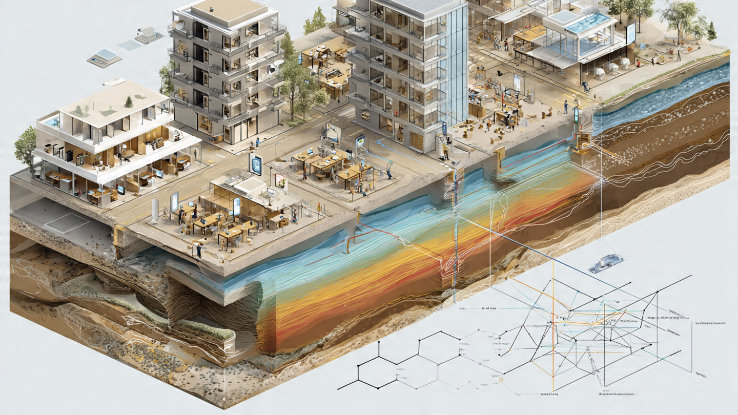 Technical cross-section showing smartphones detecting ambient seismic vibrations through urban soil layers with HVSR analysis overlays and liquefaction susceptibility heat map