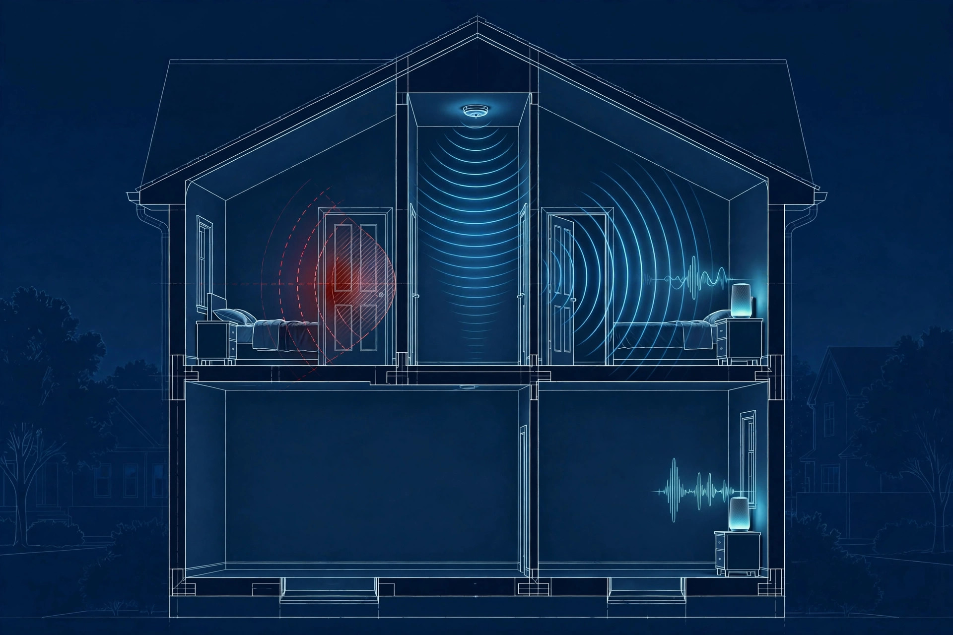 Cutaway of a two-story house at night with sound waves radiating from a hallway smoke alarm into bedrooms, one closed door blocking the waves, smart speaker listening nodes glowing