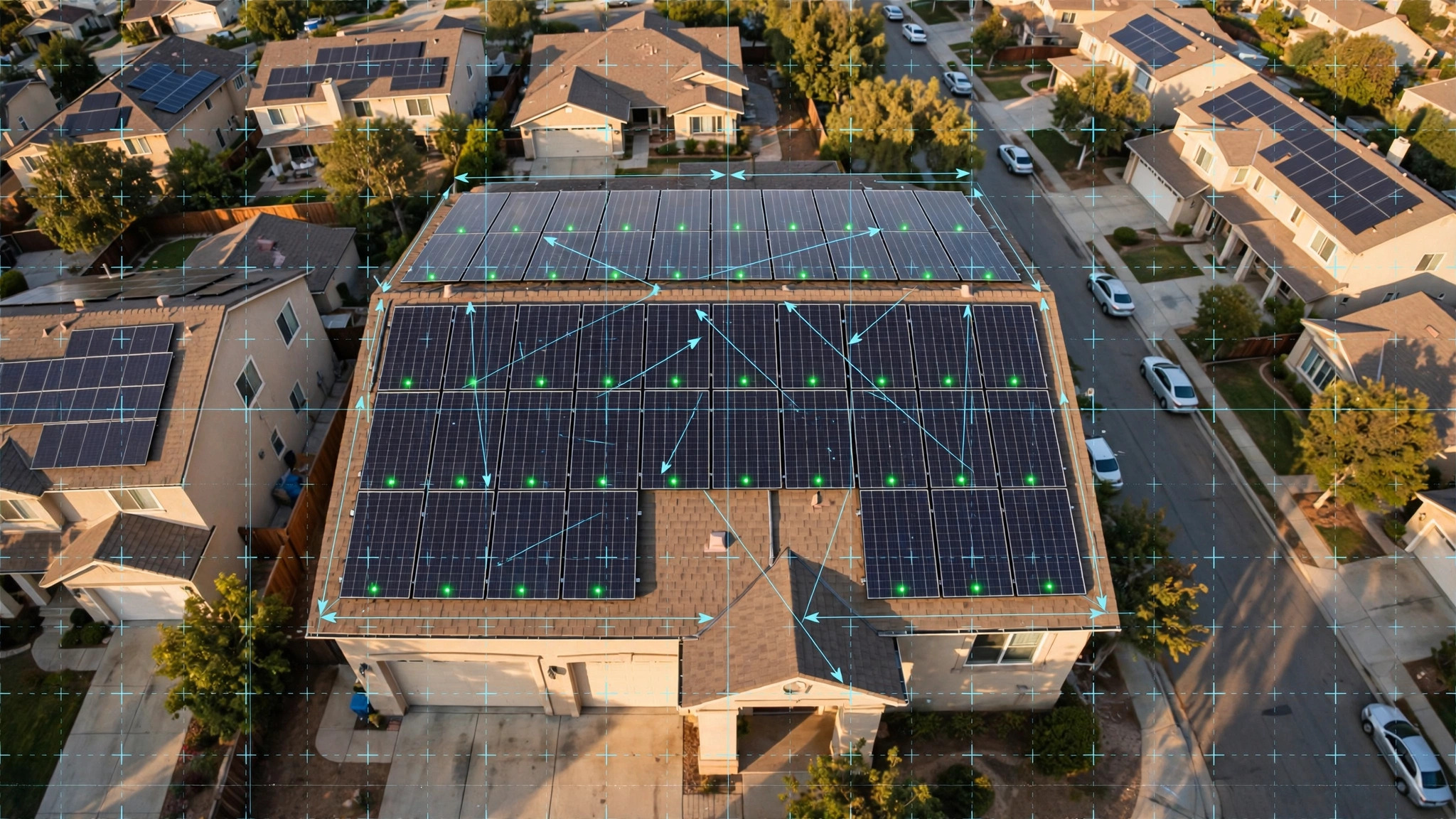 Aerial view of residential rooftop solar panels with GNSS positioning overlay vectors
