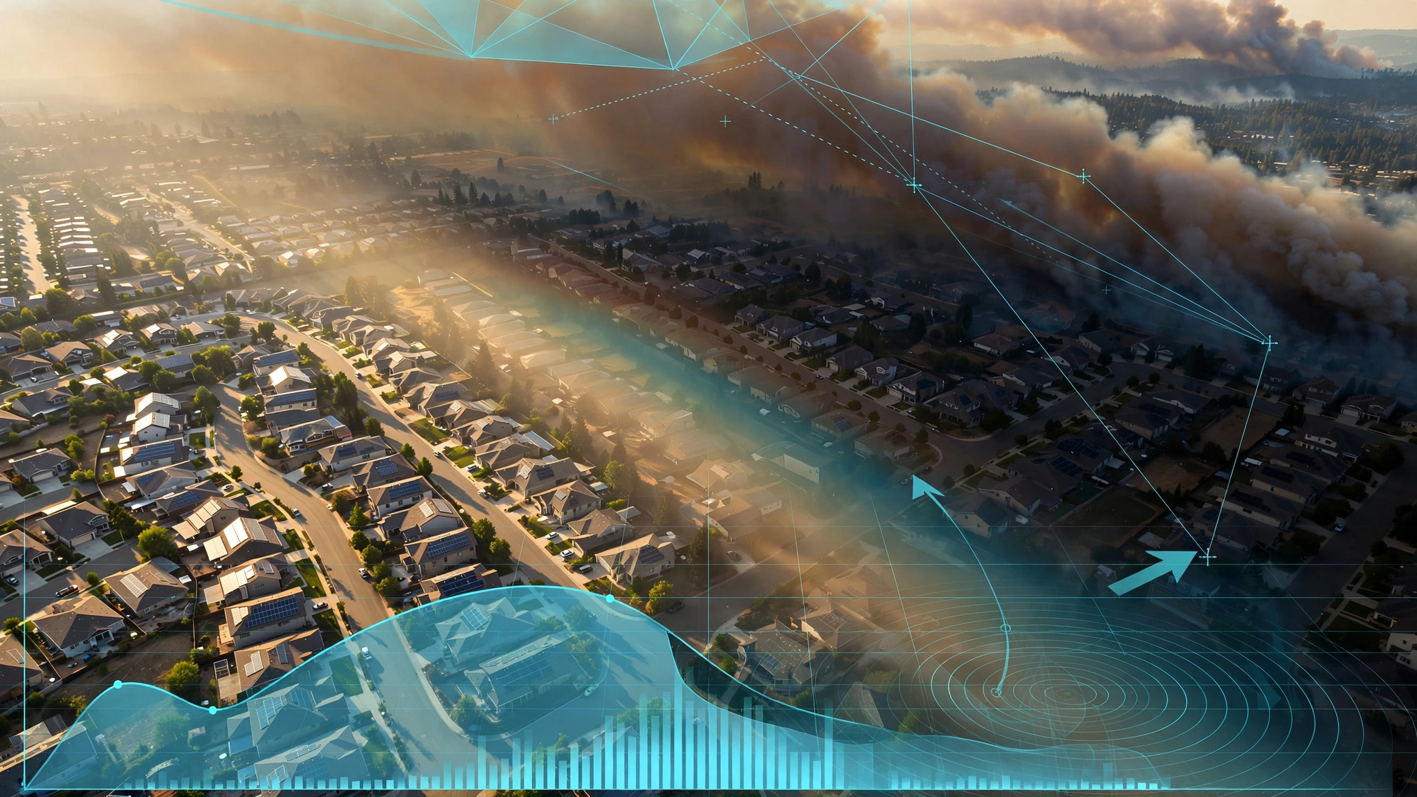 Aerial view of suburban neighborhood with rooftop solar panels partially obscured by wildfire smoke plume shadow