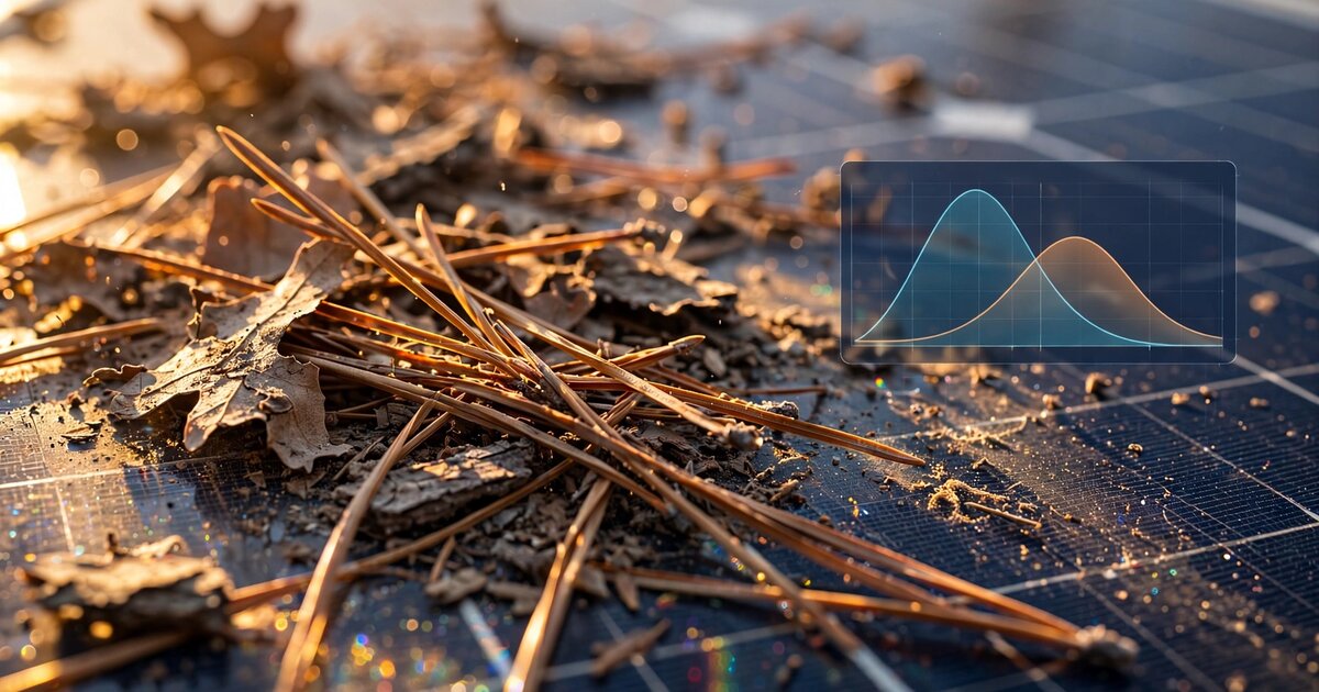 Rooftop solar panels with organic debris soiling layer showing spectral analysis overlay for wildfire risk inference