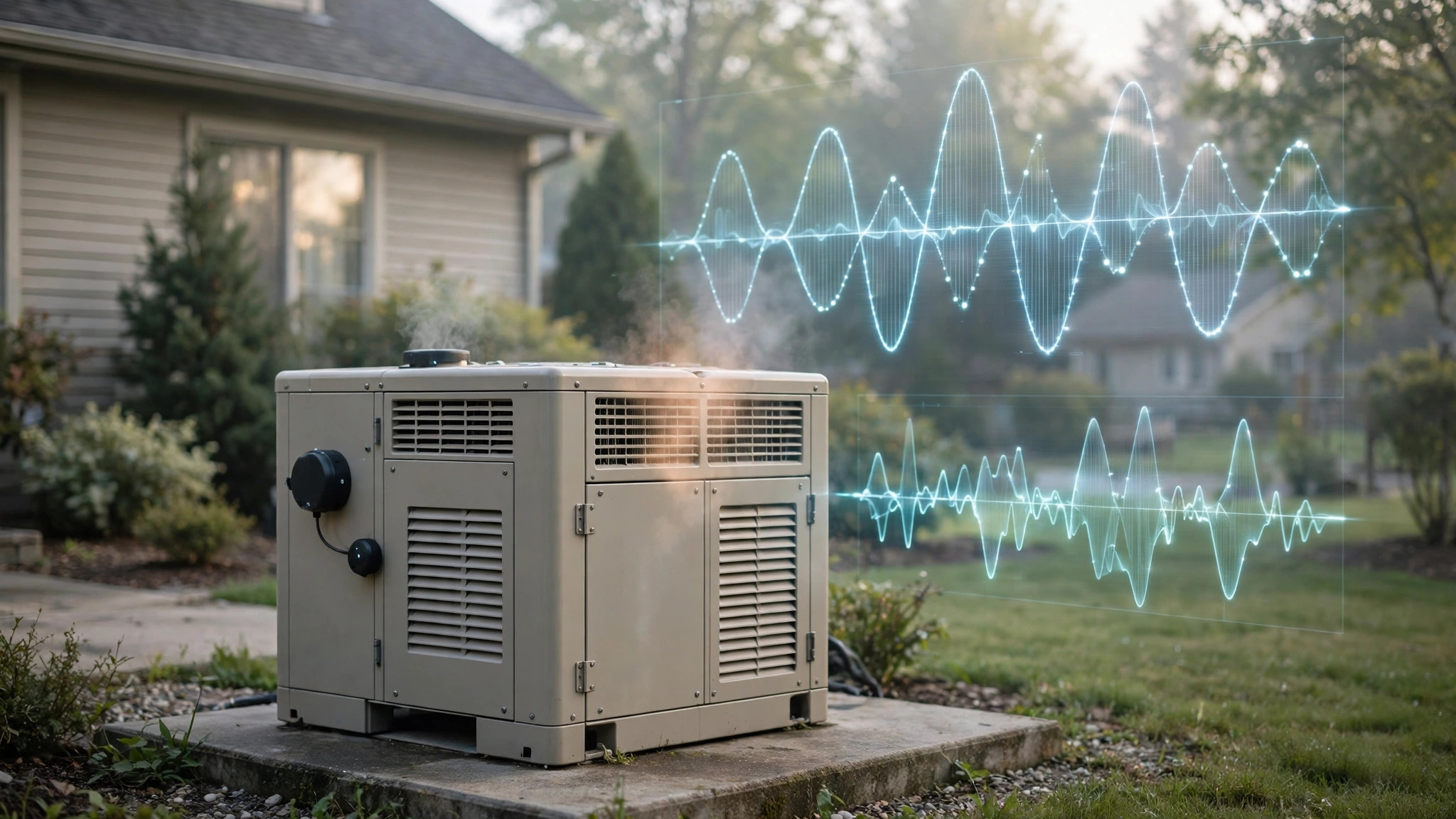 Residential standby generator on a concrete pad beside a house during its weekly exercise self-test, with waveform overlays showing engine acoustic and vibration signatures and a vibration sensor mounted on the enclosure