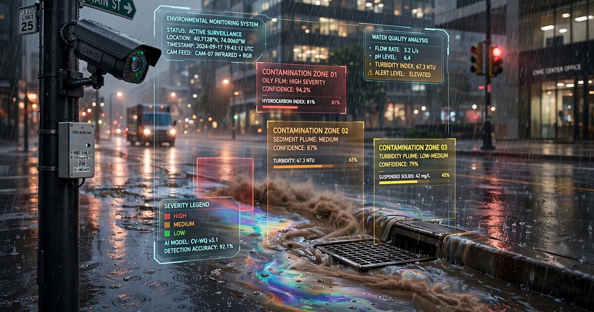 Surveillance camera monitoring stormwater runoff flowing into a storm drain with computer vision contamination analysis overlay
