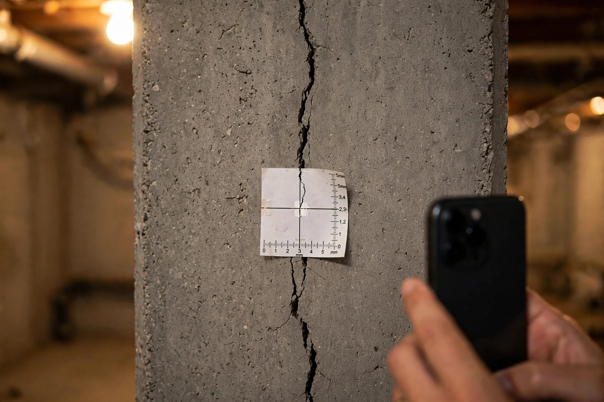 A smartphone photographs a concrete foundation crack straddled by a printed crosshair fiducial marker with a millimeter scale: sub-pixel photogrammetry that tracks crack growth over months.