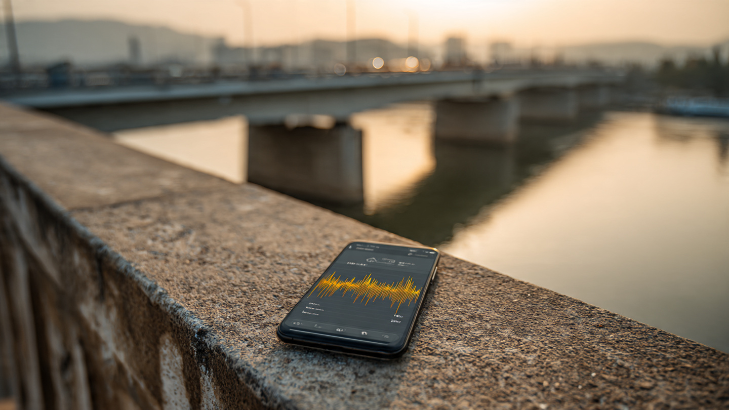 Smartphone placed on concrete bridge surface for vibration analysis