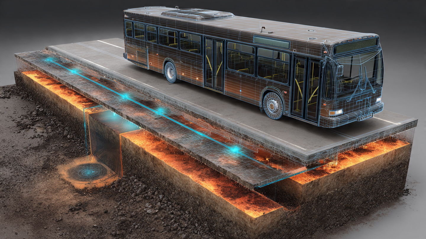 City bus with undercarriage sensor array driving over roadway with cross-section showing subsurface void