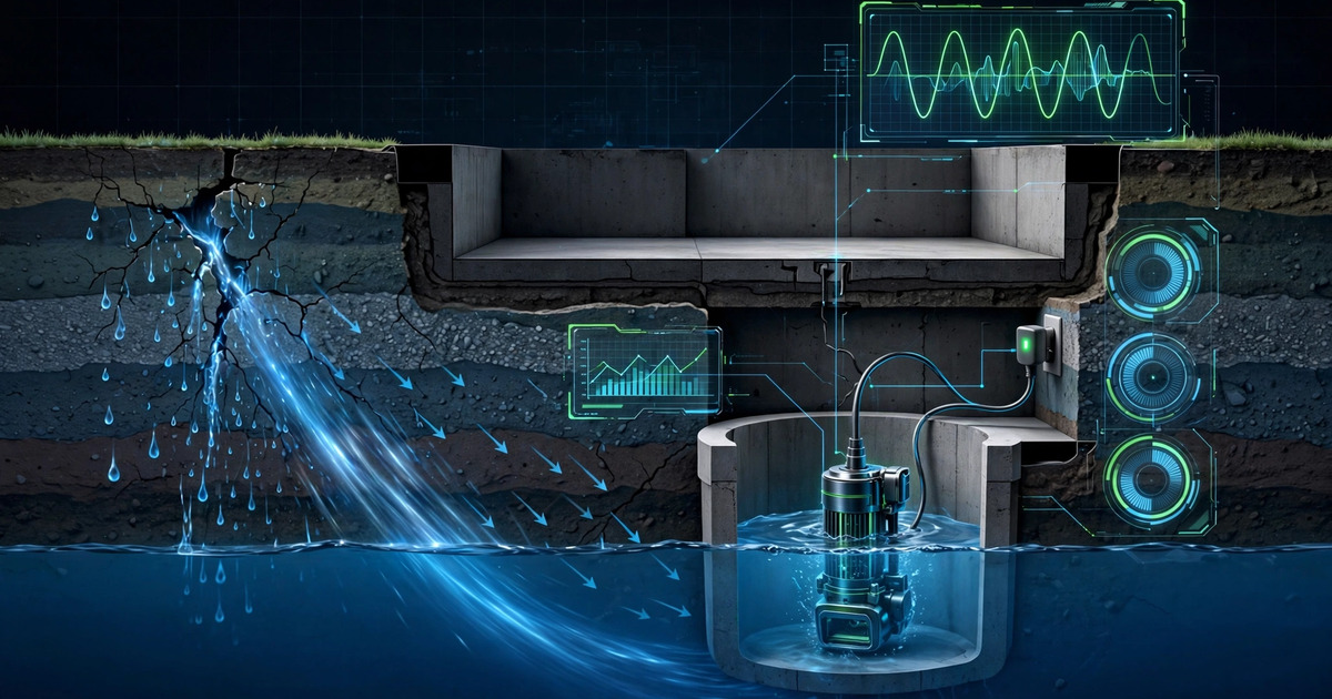 Cross-section diagram of a residential basement sump pump pit with smart plug current monitoring and data visualization overlays showing pump health analytics