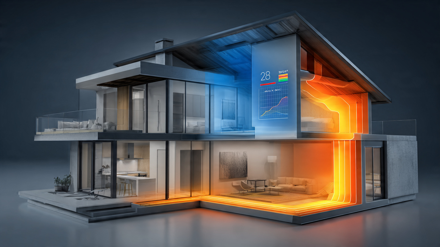 Cross-section of a house showing thermal insulation layers with smart thermostat displaying temperature response curves