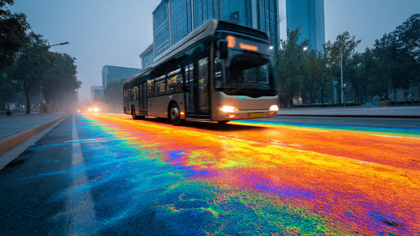Fleet vehicle with thermal infrared camera scanning urban road surface showing thermal inertia heatmap overlay