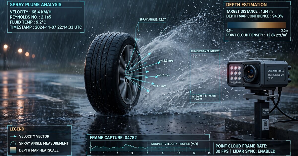 High-speed camera capturing tire spray plume geometry on a wet road with measurement overlay