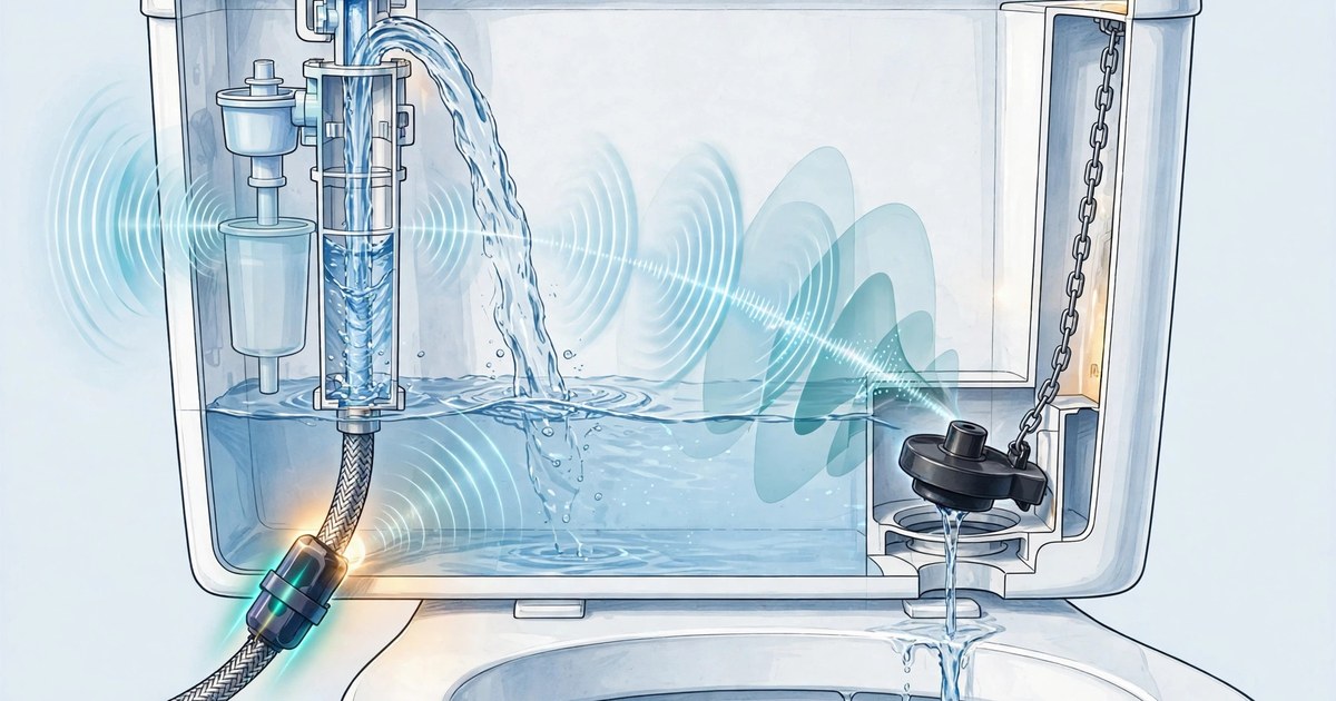 Cross-section of a toilet tank with a small acoustic sensor strapped to the supply line, showing fill-valve event waveforms and a periodic leak signature chart