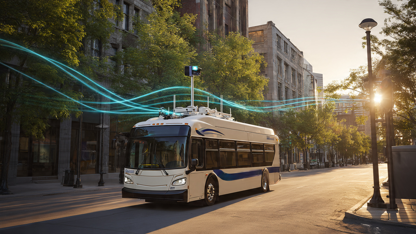 City bus with rooftop reference instruments passing a lamppost-mounted air quality sensor, with calibration data transfer visualized as flowing cyan lines between the two devices
