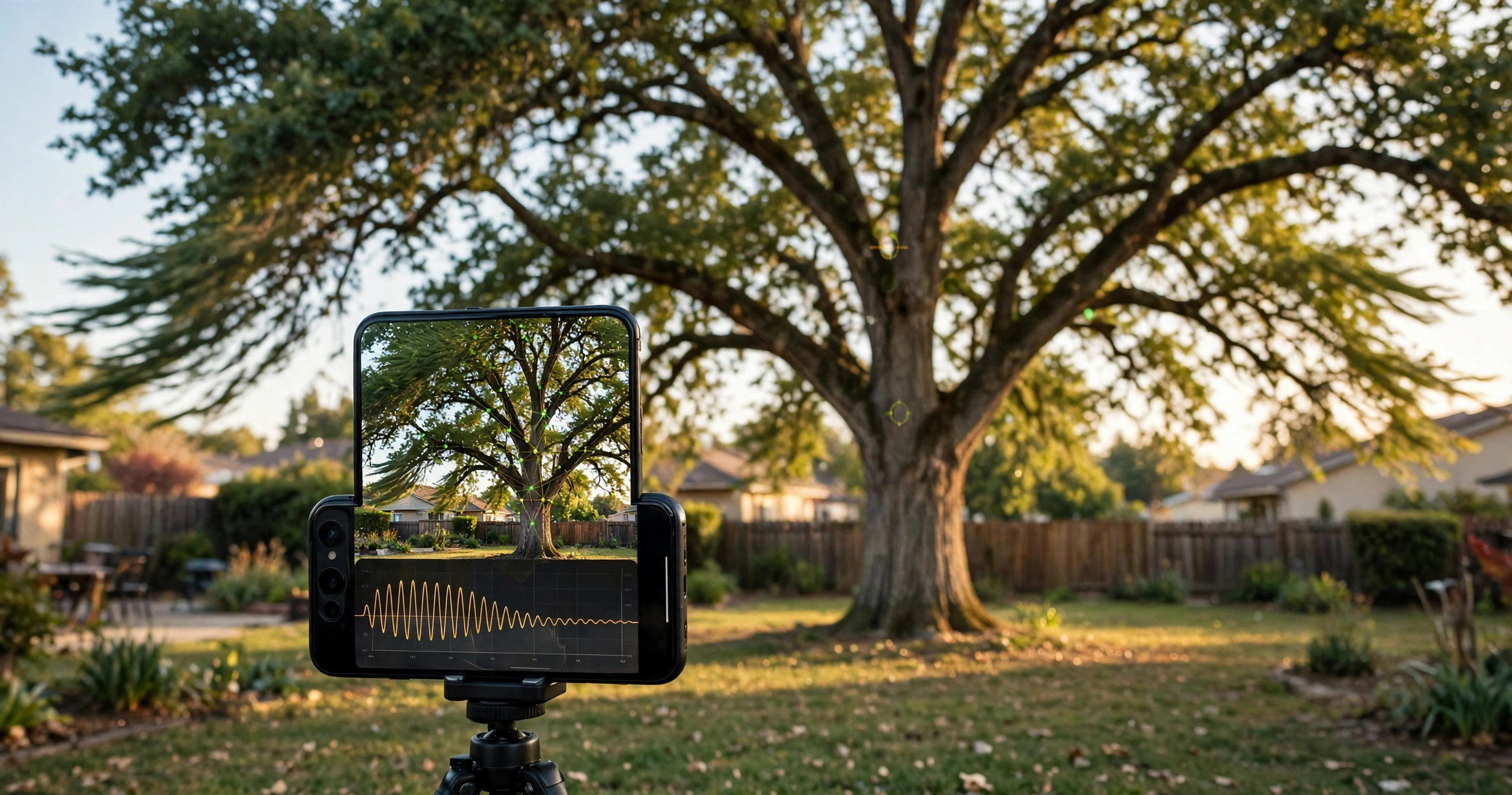 A smartphone on a tripod recording video of a large oak tree swaying in wind, with overlaid motion-tracking markers on the trunk and crown and a damping decay curve shown on the phone screen