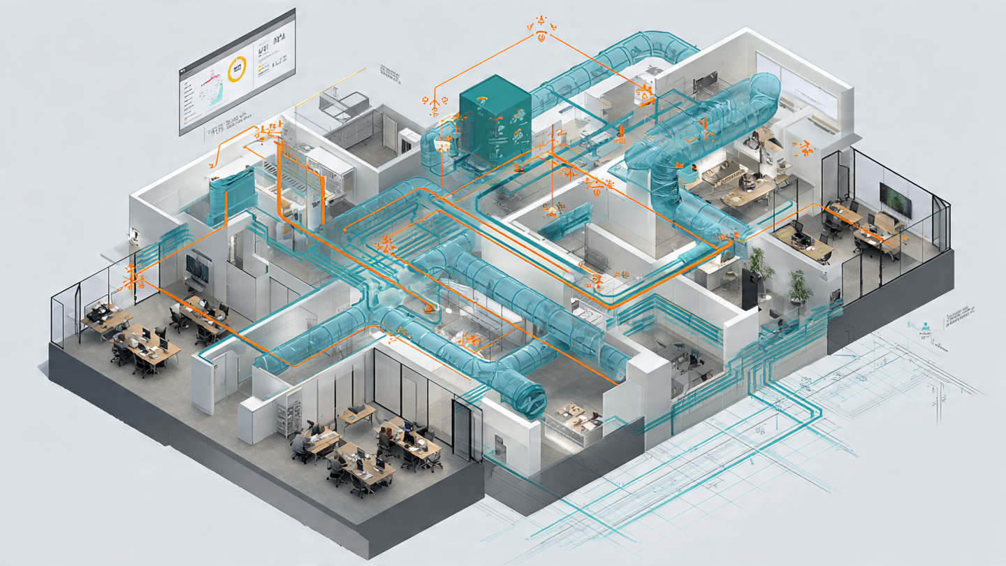 Technical cross-section of commercial building HVAC duct system with VAV boxes, pressure sensors, and neural network occupancy inference overlays