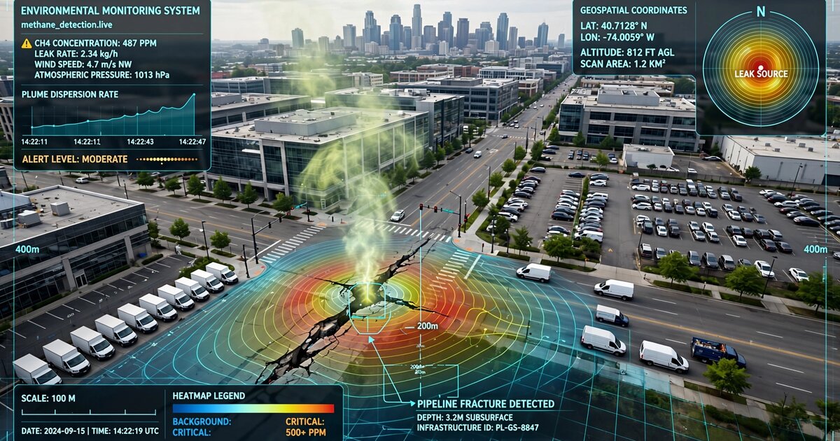Fleet vehicles driving through city streets with translucent methane plume visualizations and sensor data overlays