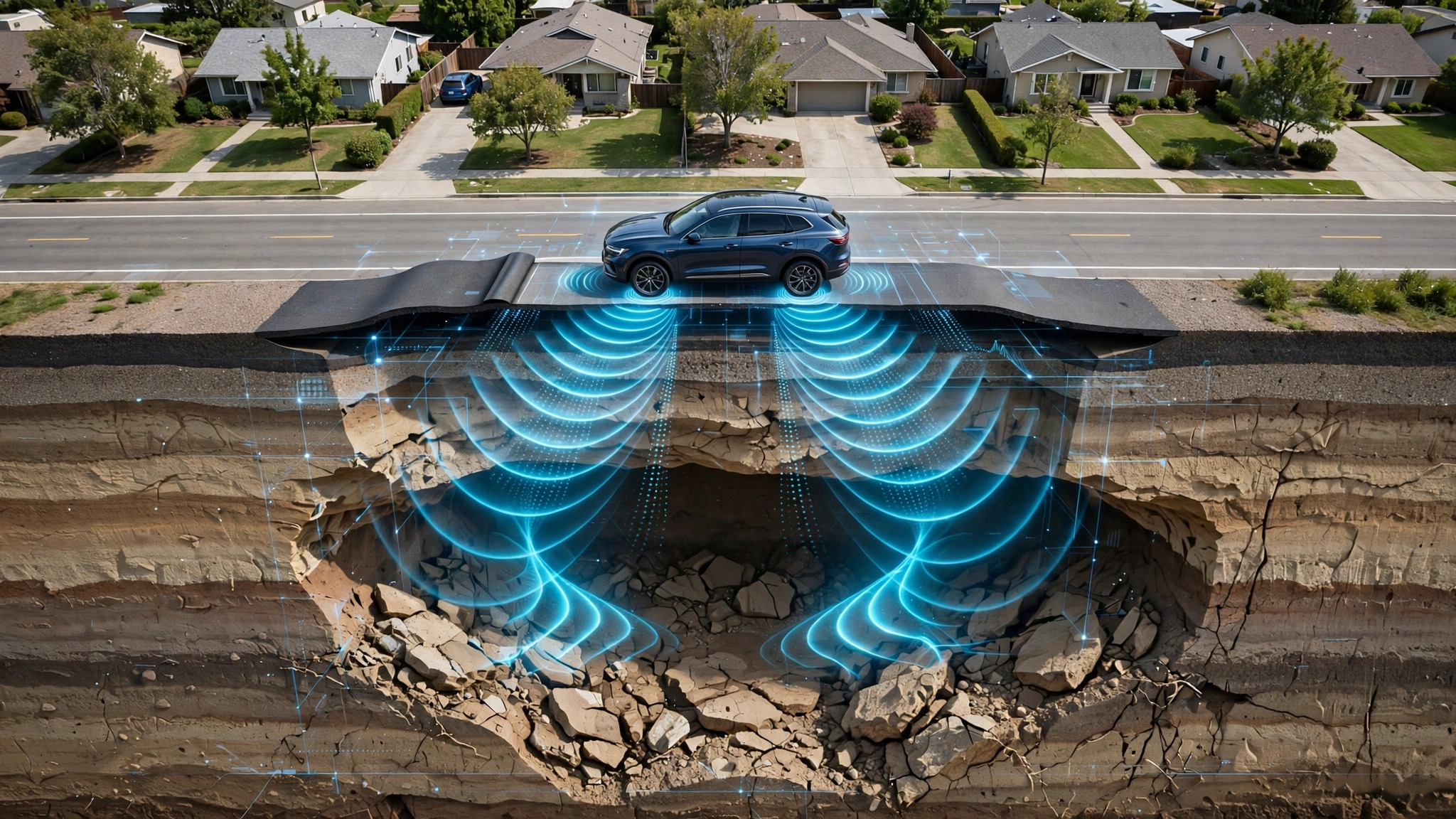Vehicle detecting subsurface void formation beneath road surface using suspension telemetry