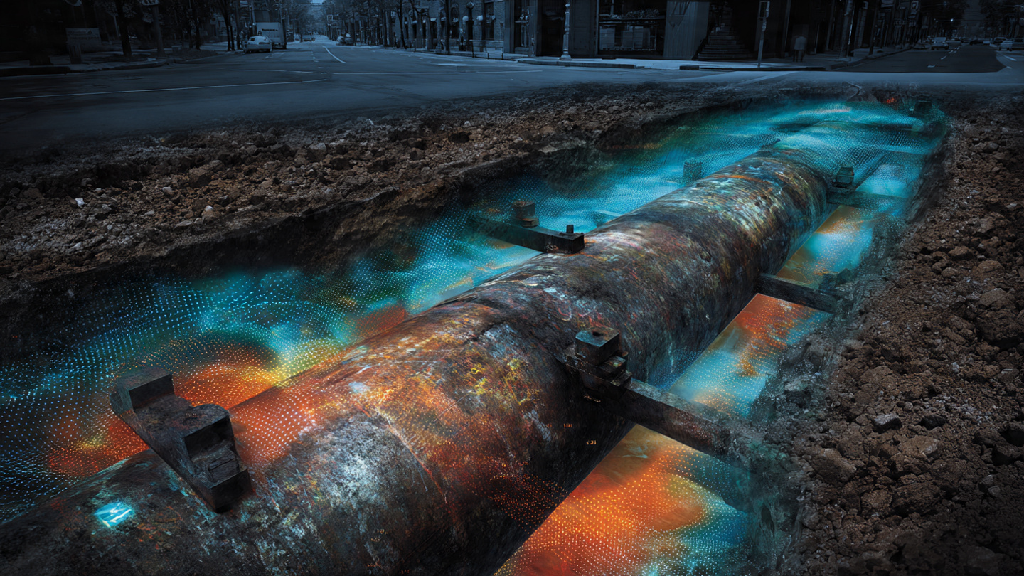 Cross-section of underground water pipe with acoustic sensor arrays