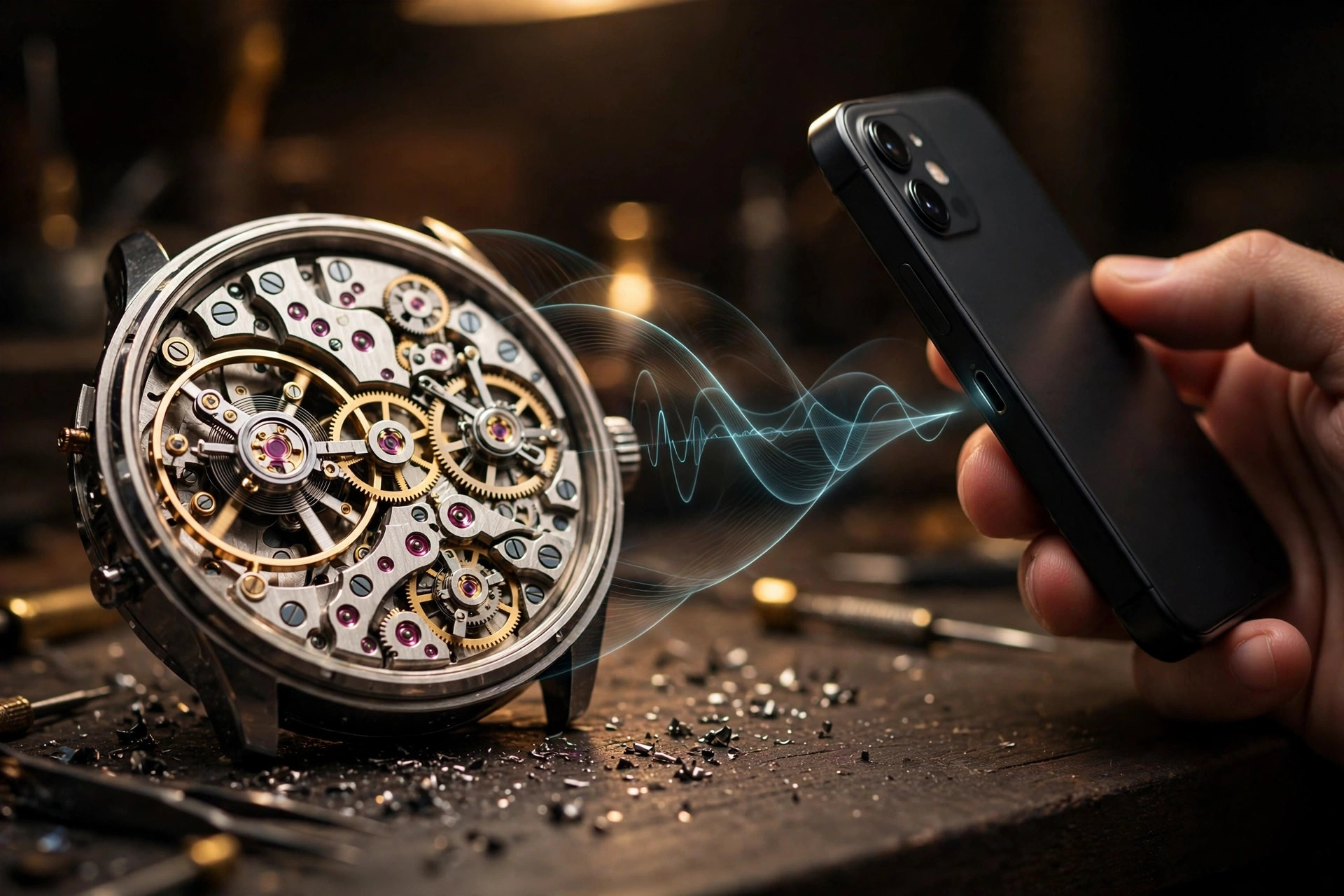 Mechanical watch movement with visible balance wheel beside a smartphone recording its ticking, sound waves visualized
