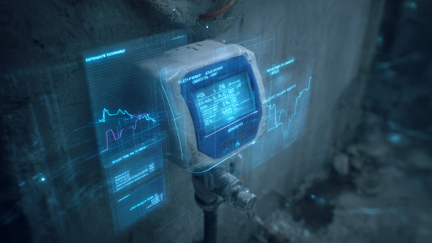 Smart water meter with digital display showing pressure transient waveforms and fixture identification overlays