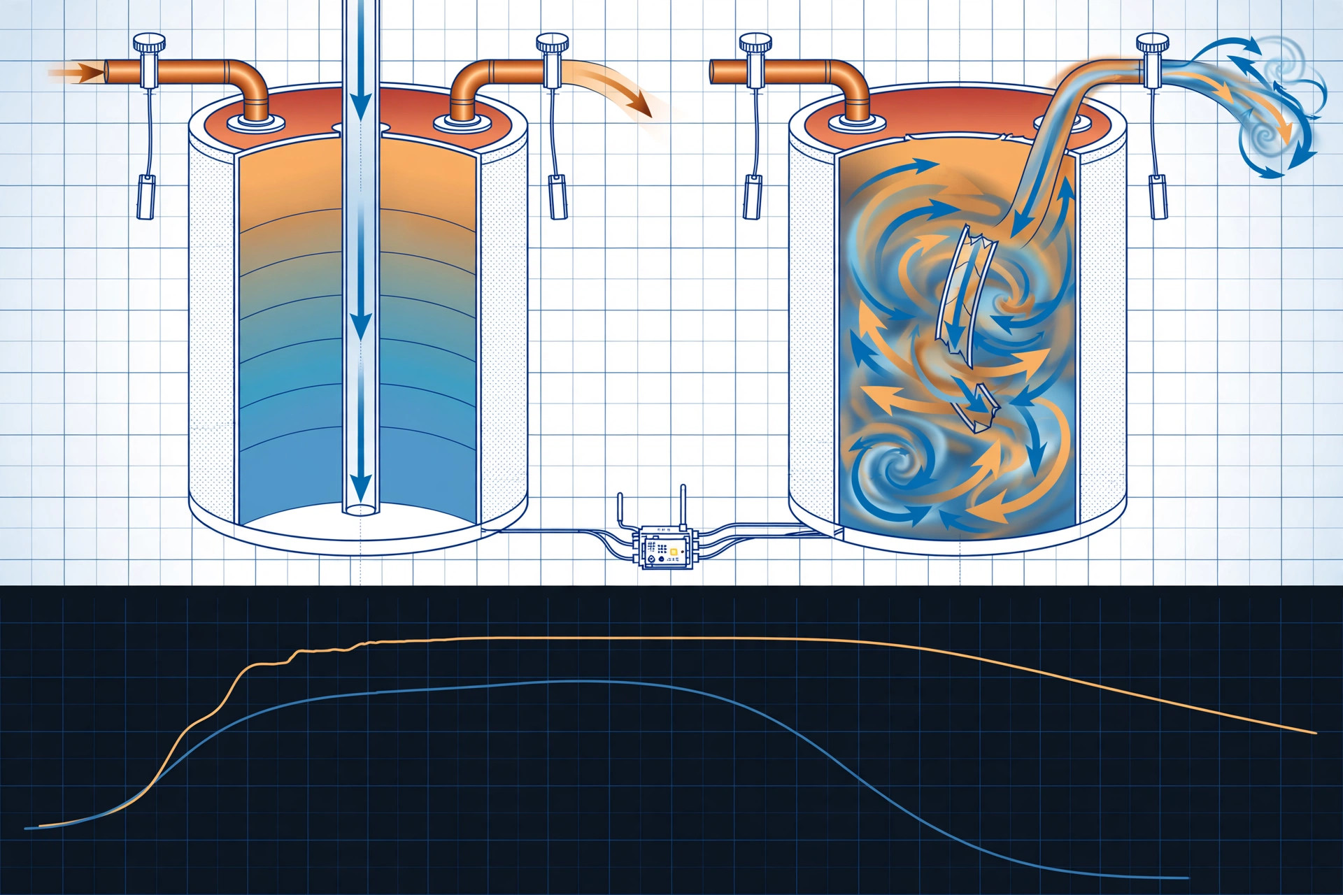 Cutaway diagram of two water heater tanks comparing an intact dip tube with clean thermal stratification against a broken dip tube short-circuiting cold water to the hot outlet, with temperature drawdown curves below