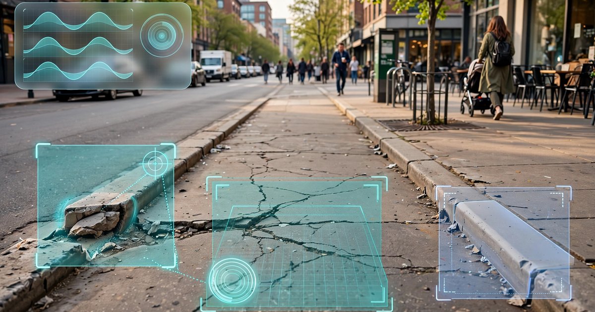 First-person view from smart glasses detecting accessibility barriers on a city sidewalk with AR overlay