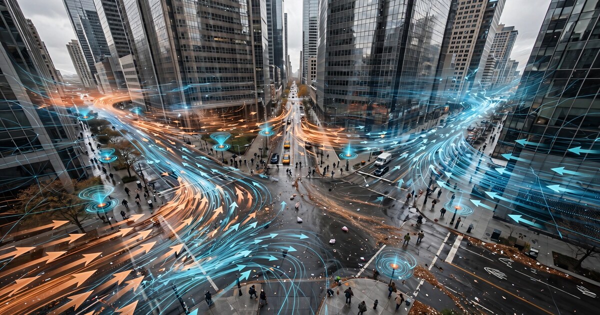 Aerial view of urban intersection with pedestrians walking amid wind gusts between skyscrapers, with digital data overlay showing wind flow vectors and speed measurements emanating from smartwatches on wrists