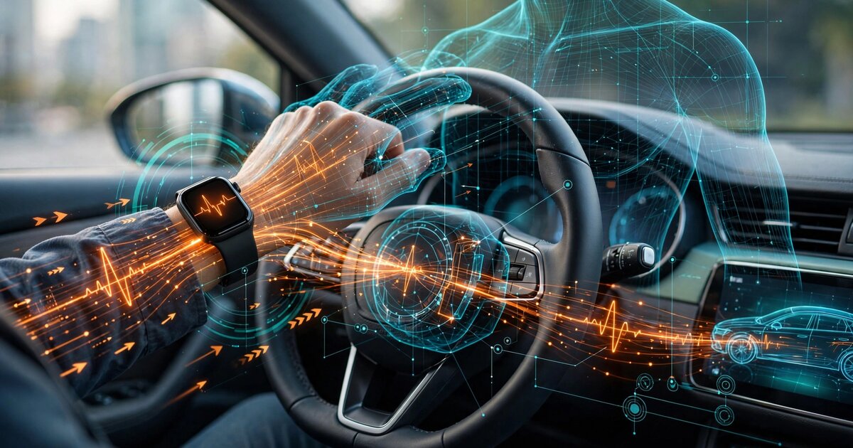 Conceptual rendering of wearable sensor data streaming to vehicle restraint controller during pre-crash phase