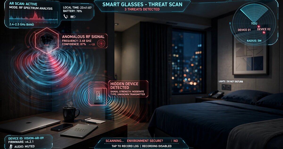 Smart glasses with AR overlay detecting hidden electronic devices via radio frequency emanation analysis
