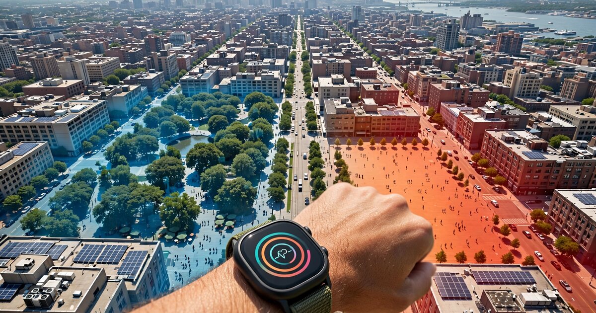 City aerial view with translucent thermal comfort heatmap overlay and smartwatch in foreground showing biometric data