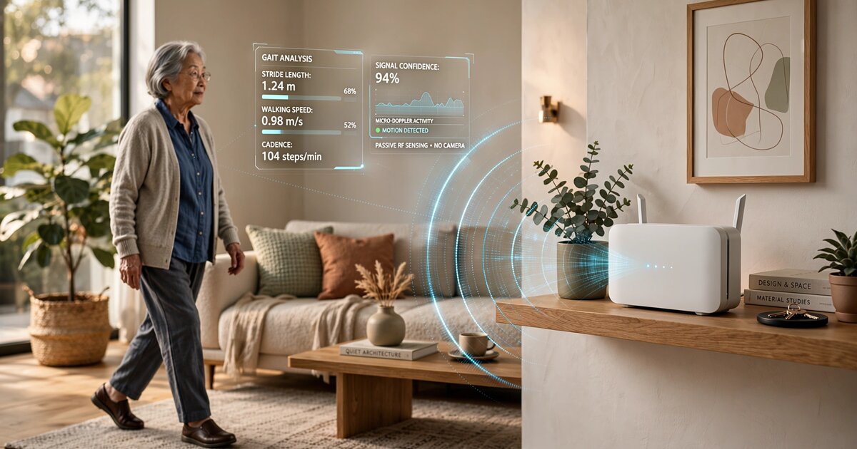 WiFi router emitting radio waves in a residential living room with passive gait analysis data visualization