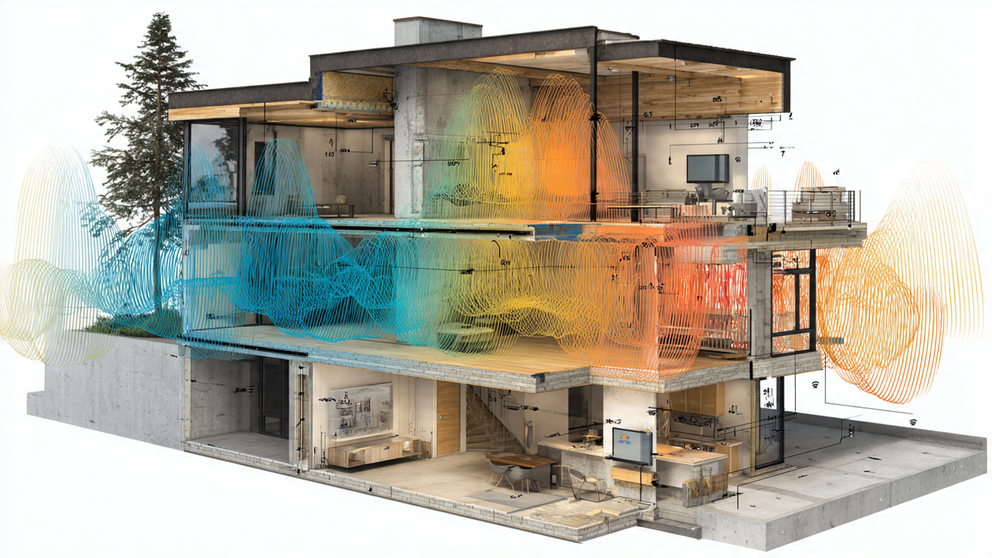 Cutaway cross-section of a residential wall assembly showing WiFi signal waves passing through dry and moisture-saturated zones with signal distortion visualized as color shifts