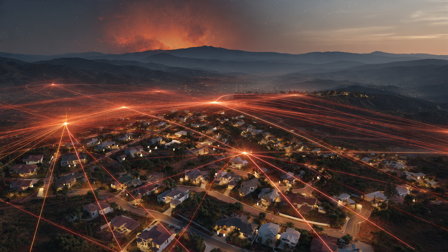 Network of weather stations overlaid on a terrain map showing wildfire ember trajectory predictions