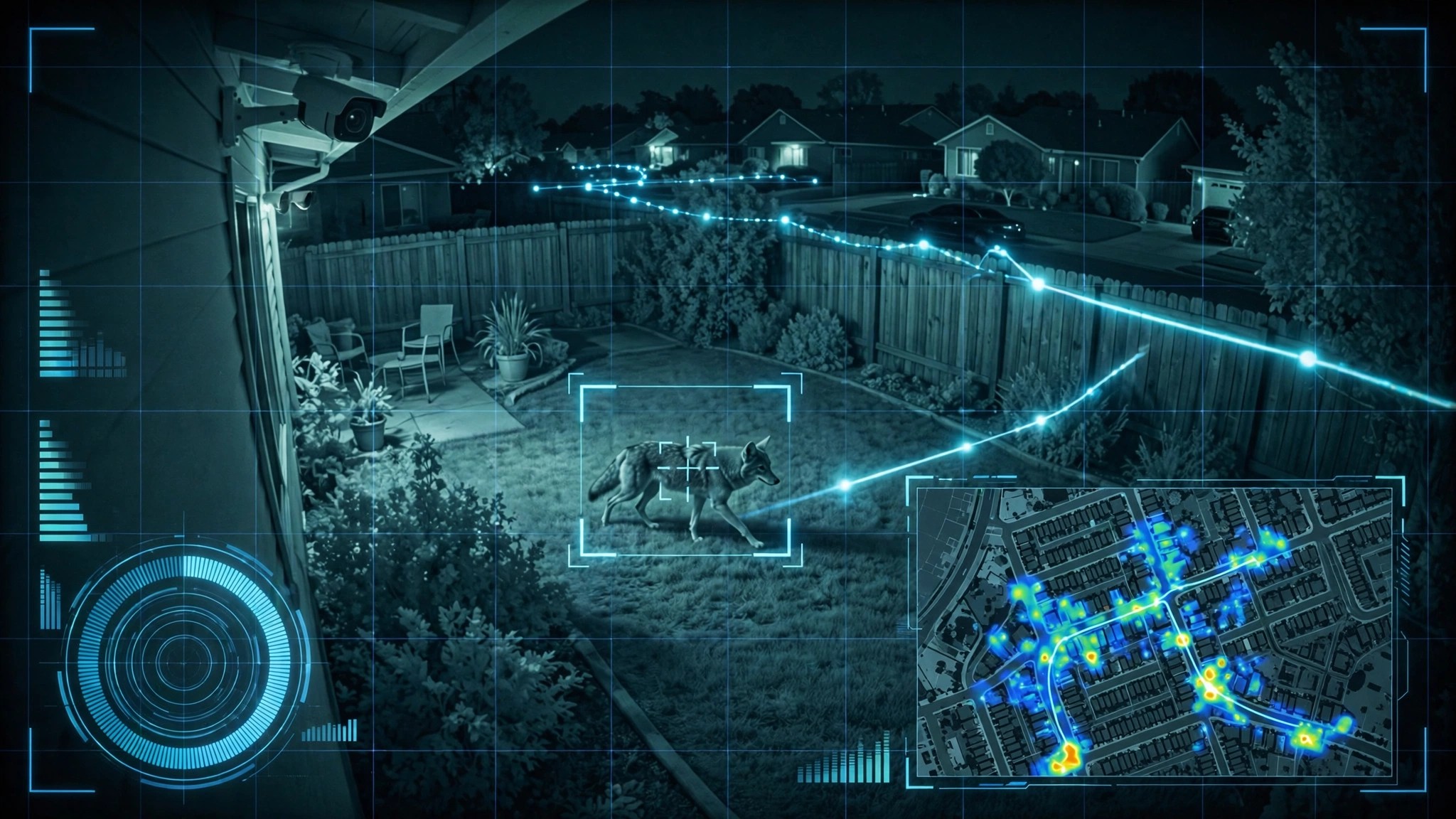 Security camera capturing wildlife movement with AI detection overlay and corridor heatmap