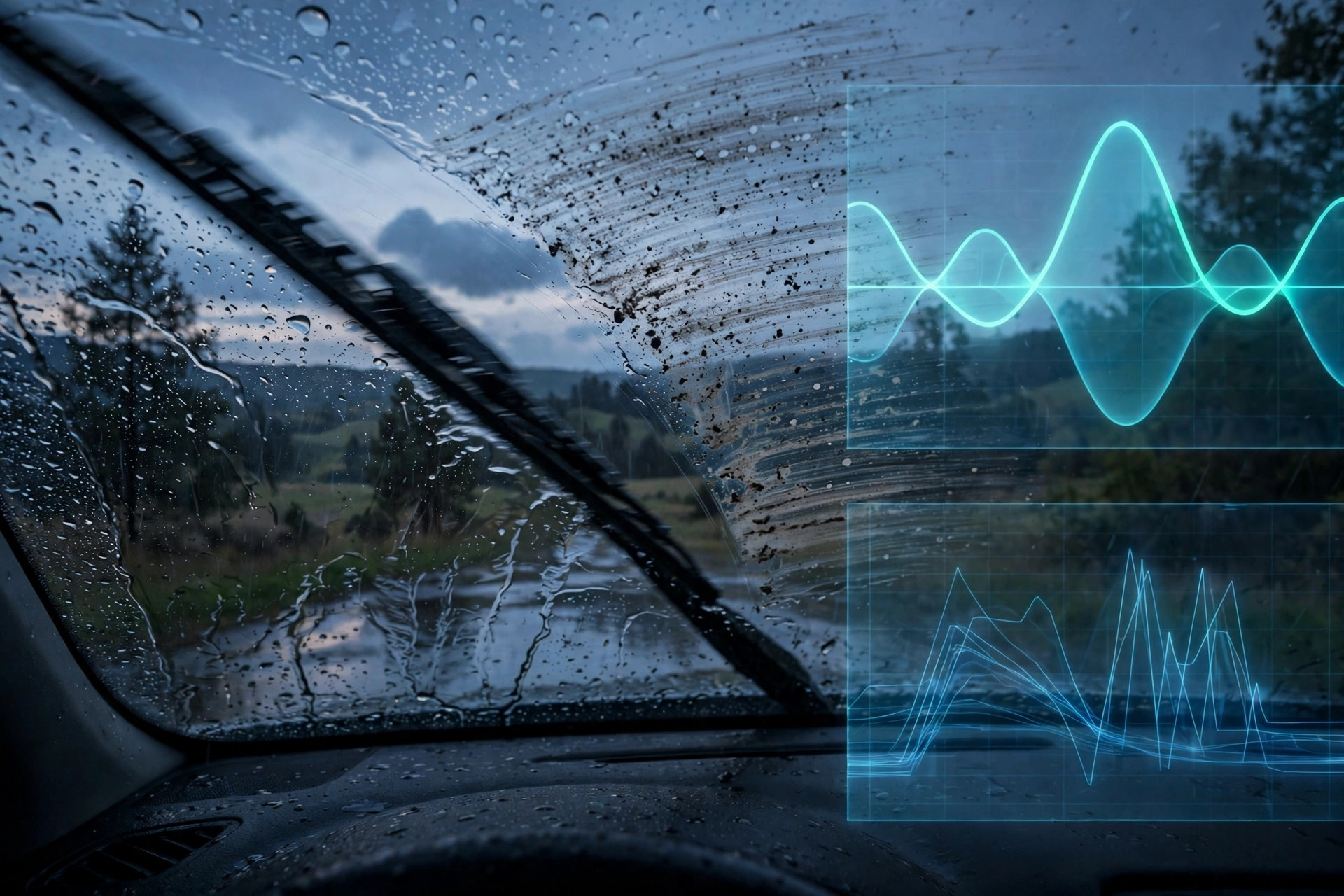 Car windshield in rain at dusk, a wiper blade mid-sweep leaving water streaks, with motor current waveform and camera streak traces beside it