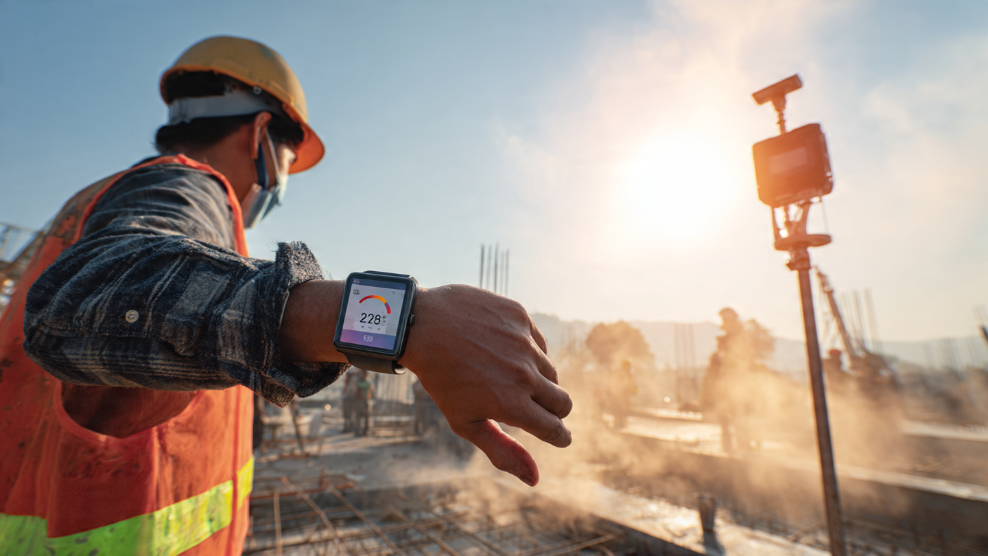 Construction worker on a hot worksite with microclimate sensor station and smartwatch displaying thermal data