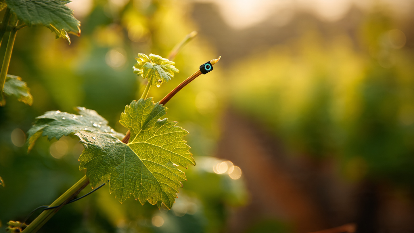 Vineyard row with small ultrasonic sensor pods mounted on stakes near grapevine stems, acoustic wave visualization emanating from plant tissue