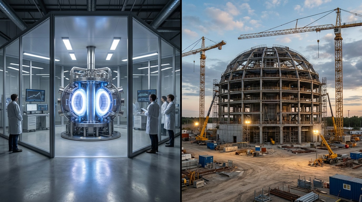 Split view of a compact glowing fusion reactor in a modern startup lab alongside a massive, delayed government fusion construction site